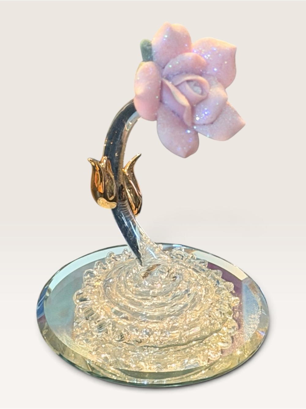 Vintage Glass Baron Pink Rose Figurine Mirrored Base Gold Accent Sculpture